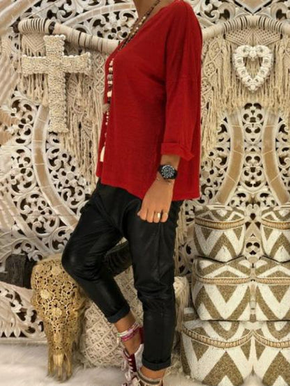 Loose V-neck Long Sleeve T-Shirt