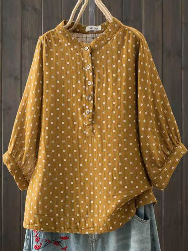 Simple Printed Buttoned Short Sleeves Blouse Top