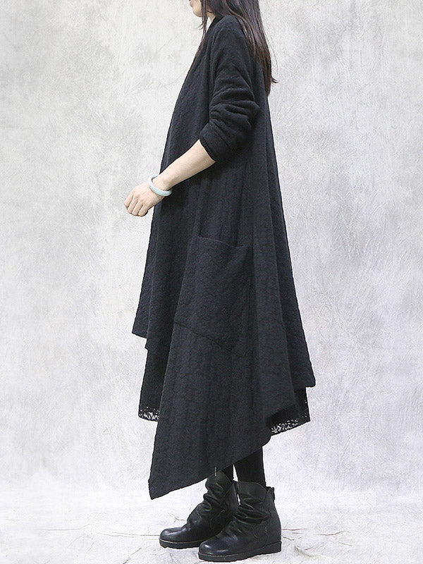 Artistic Retro Irregular Solid Color Split-Joint With Pocket Long Sleeves Cardigan Outwear