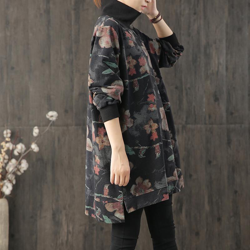 Buykud Casual Flower Print Turtleneck Pullover Sweatshirt
