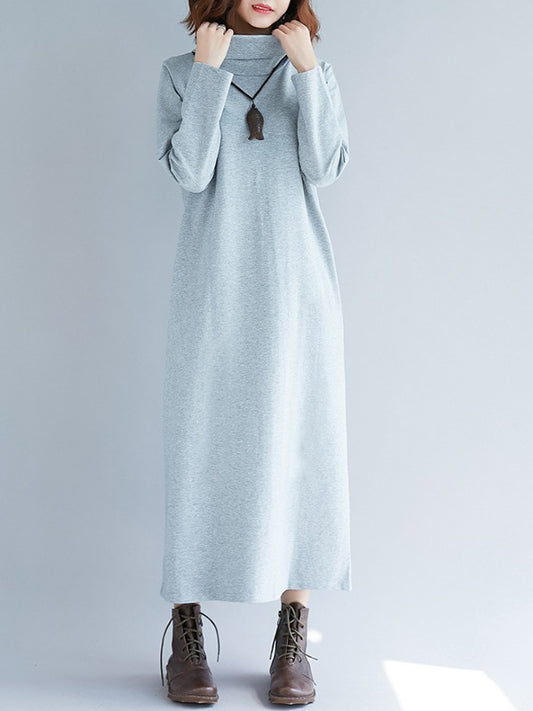 Loose Plain Turtleneck Midi Dress