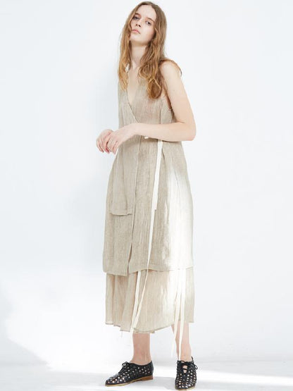 Simple Loose Linen Lace-up Sleeveless Top+Skirt Suits