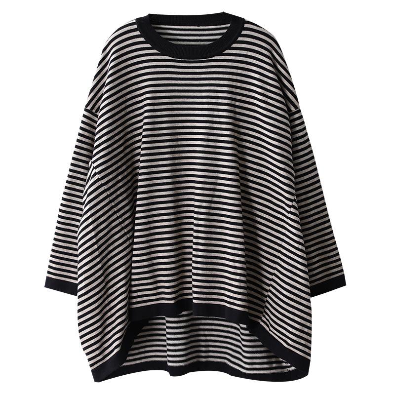 Buykud Ultra-loose Classic Striped Round Neck Blouse