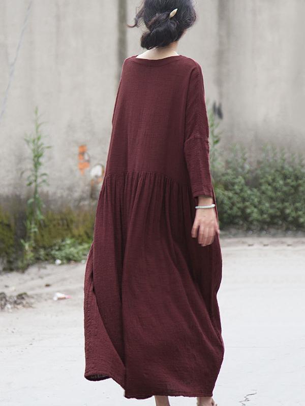 Ramie Cotton V-neck Loose Vintage Solid Midi Dresses