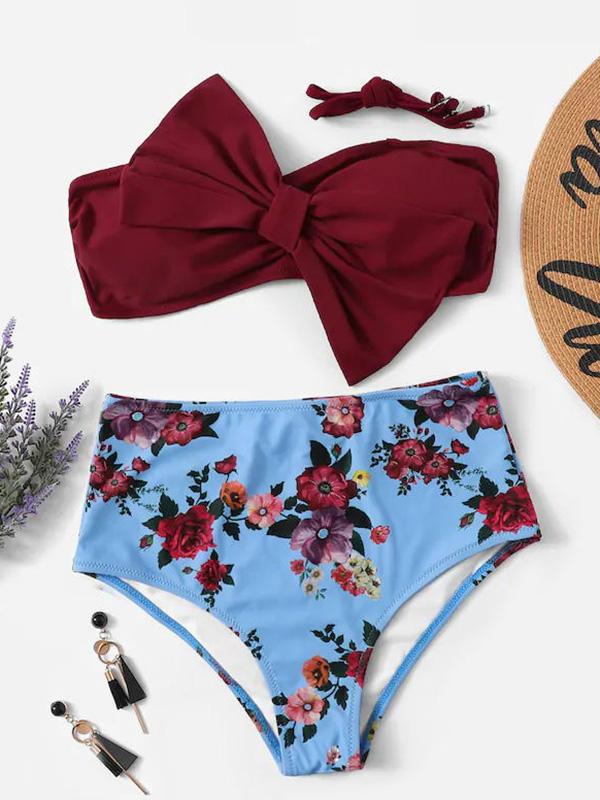 Floral-Print Bowknot Bandeau Split Bikini Swimsuit