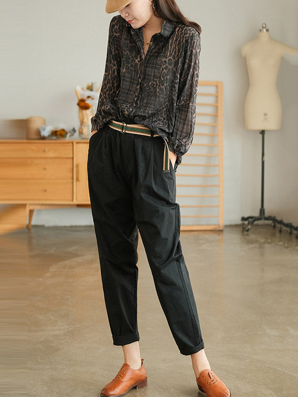 Vintage Printed Buttoned Pleated Lapel Long Sleeves Blouse Tops