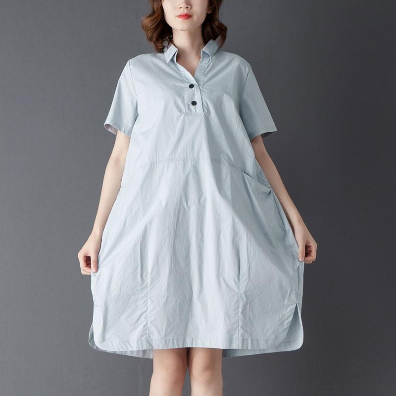 Casual Polo Collar Short Sleeve Knee Length Blue Dress