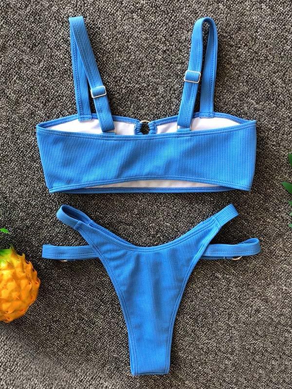 Solid Color Hollow Bandage Split Bikini Swimsuit