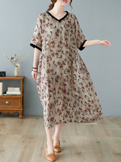 Artistic Retro Contrast Color Floral Printed Midi Dress