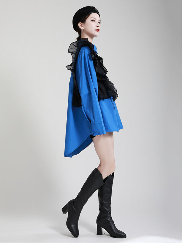 Stylish Irregular Contrast Color Split-Joint Falbala Mesh Drawstring Buttoned Lapel Collar Long Sleeves Blouse