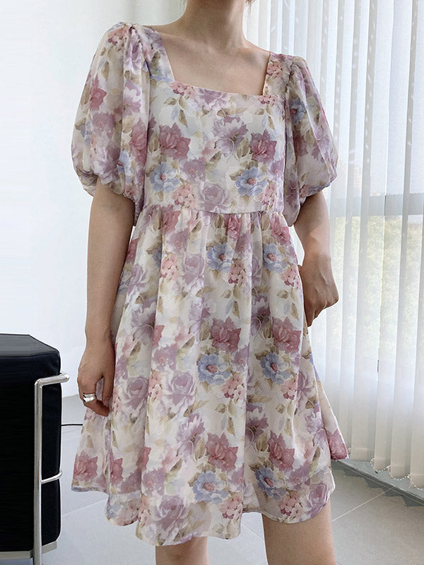 Original Floral Printed Square-Neck Puff Sleeve Mini Dress