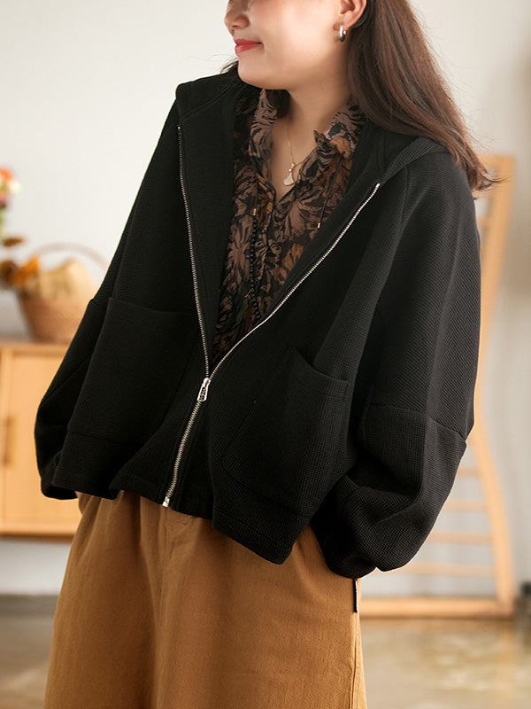 Casual Loose Solid Color Hooded Split-Joint Zipper Outerwear