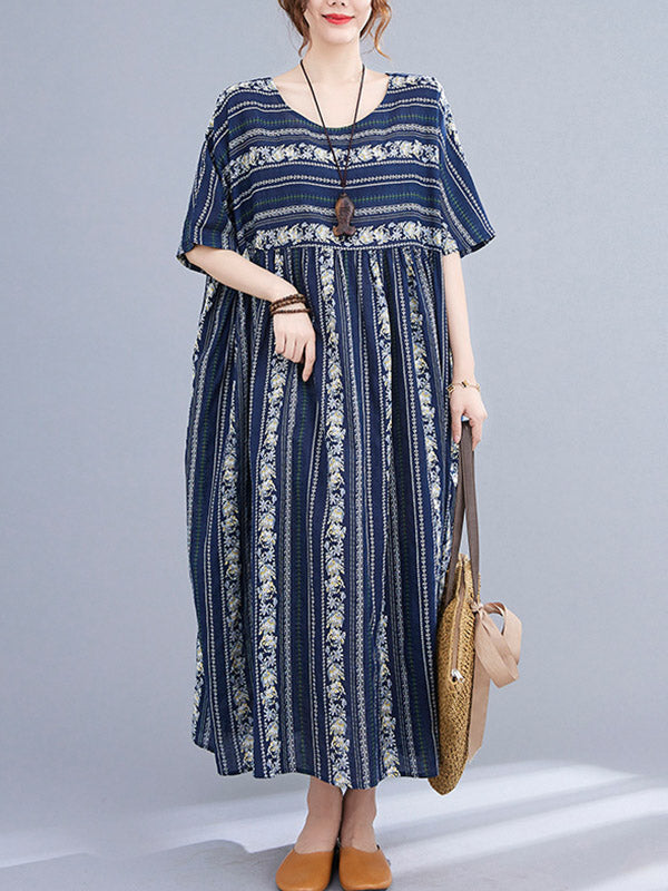 Vintage Striped Printed Round-Neck Short Sleeves Midi Dress