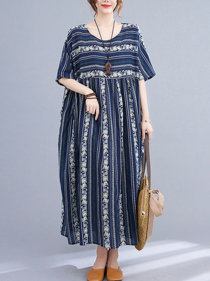 Vintage Striped Printed Round-Neck Short Sleeves Midi Dress