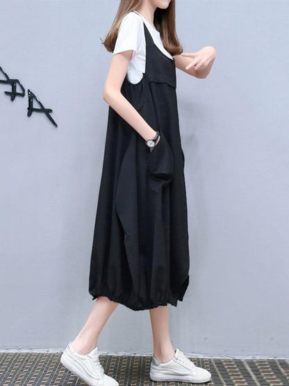 Loose Oversize White T-Shirt + Split-front Braces Dress