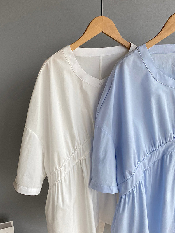 Stylish White&Blue Asymmetric High-Low Half Sleeves Blouses