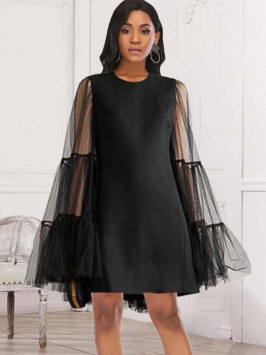 Stylish Loose Solid Color Split-Joint Mesh Falbala Flared Long Sleeves Round-Neck Mini Dress