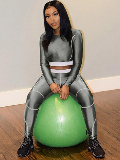 Line Printed Long Sleeves Tee and Fitness Legging Suits
