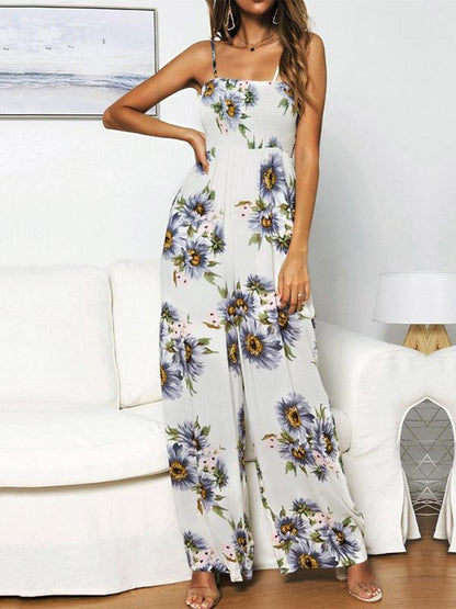 Sunflower Printed Spaghetti-neck Jumpsuits