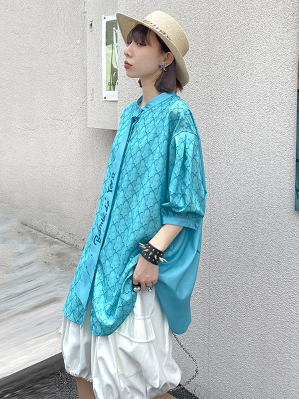 Stylish Split-Joint Printed Stand Collar Tie Short Sleeves Blouses