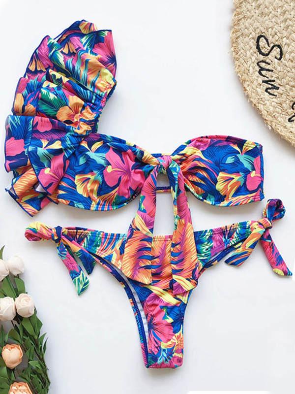 Strapless One-Shoulder Falbala Bandage Bikini Swimsuit