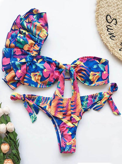 Strapless One-Shoulder Falbala Bandage Bikini Swimsuit