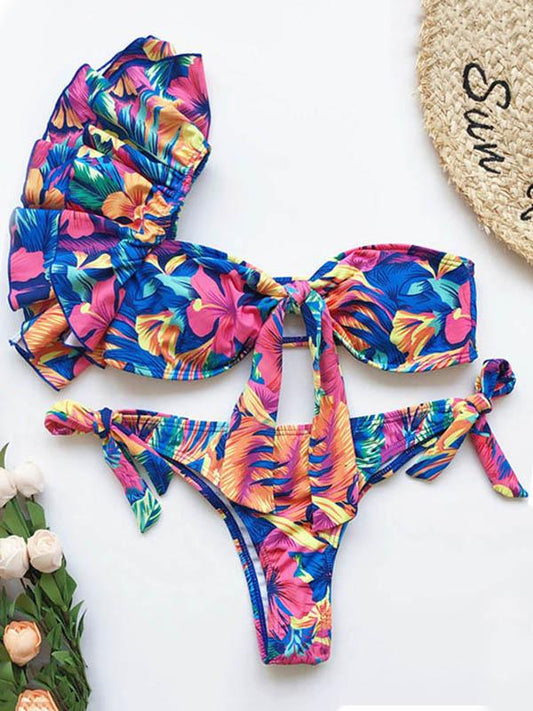 Strapless One-Shoulder Falbala Bandage Bikini Swimsuit
