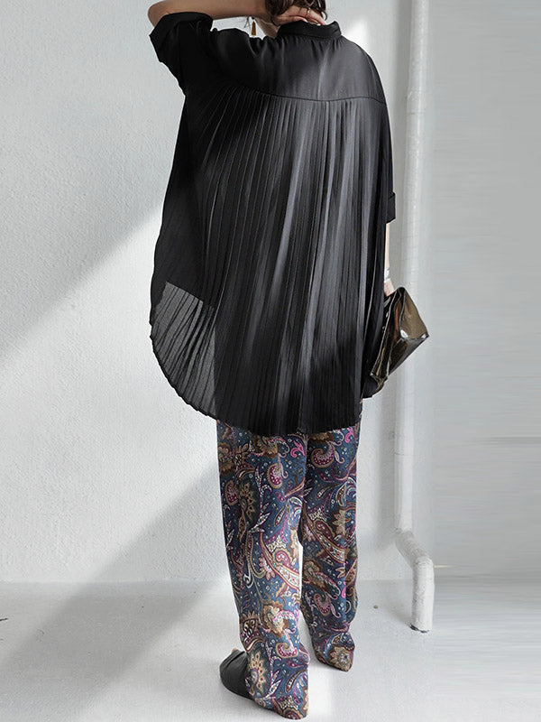 Stylish Solid Color High-Low Pleated Split-Joint Half Sleeves Blouse