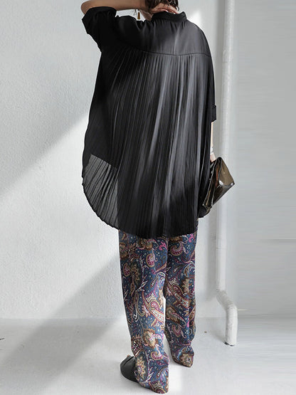 Stylish Solid Color High-Low Pleated Split-Joint Half Sleeves Blouse