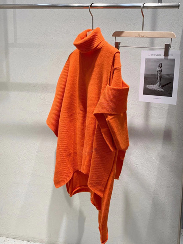 Solid Round-Neck Sweater Dresses And Irregularity Batwing Sleeves High-Neck Cape Set