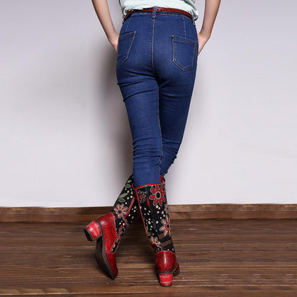 Casual vintage ethnic leather knee boots