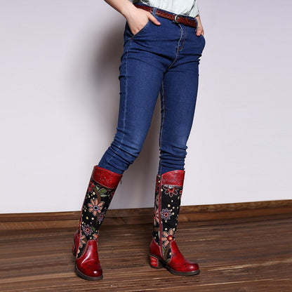 Casual vintage ethnic leather knee boots