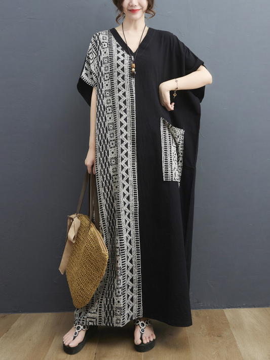 Vintage Loose Contrast Color With Big Pocket Batwing Sleeves V-Neck Maxi Dress