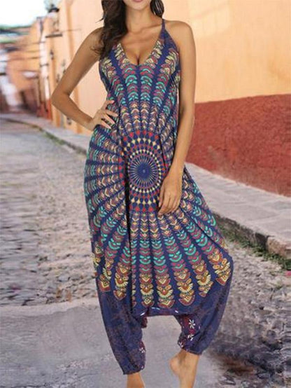 Floral Printed Spagetti-neck Loose Long Jumpsuits
