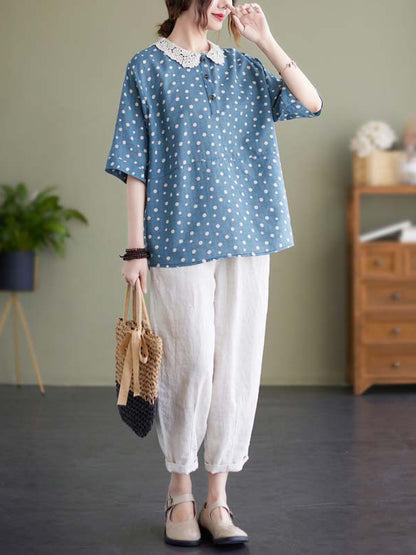 Artistic Retro Loose Polka-Dot Hollow Lace Peter Pan Collar Blouse