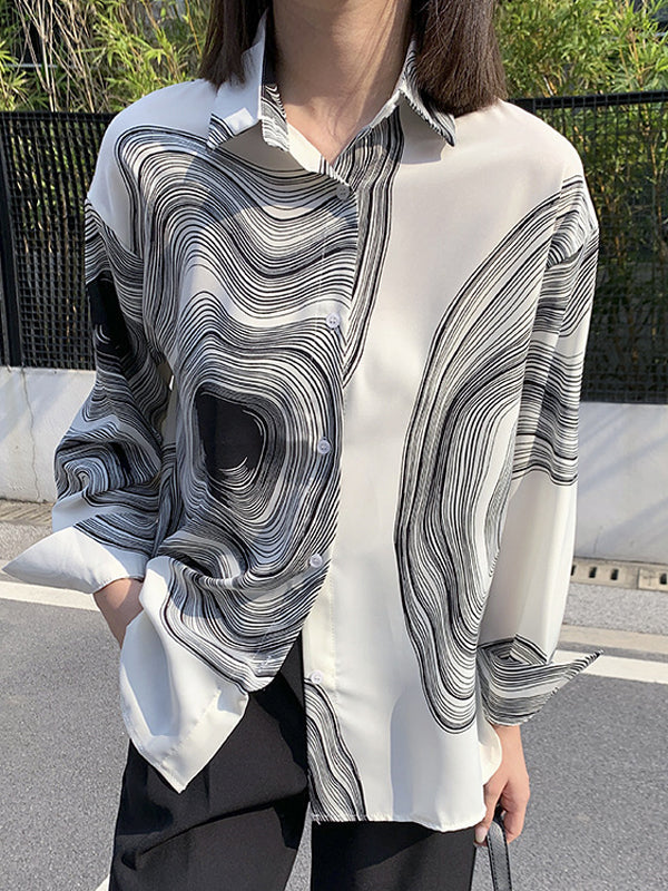 Urban Printed Buttoned Asymmetric Lapel Blouses Tops