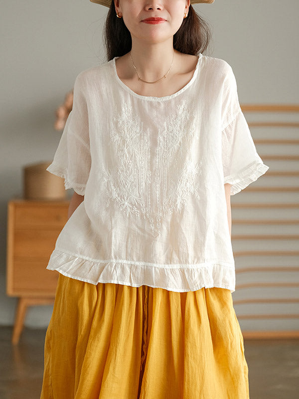 Ramie Cotton Embroidered Round-Neck T-Shirts Tops