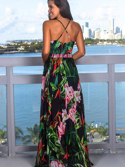 V-neck Backless Floral Printed Maxi Dress