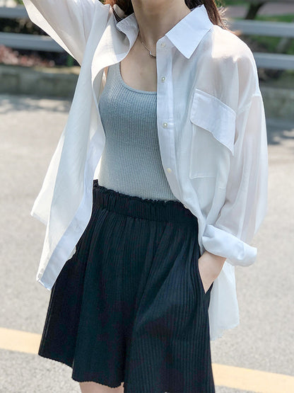 Casual Loose Solid Color Lapel Collar Long Sleeves Shirts