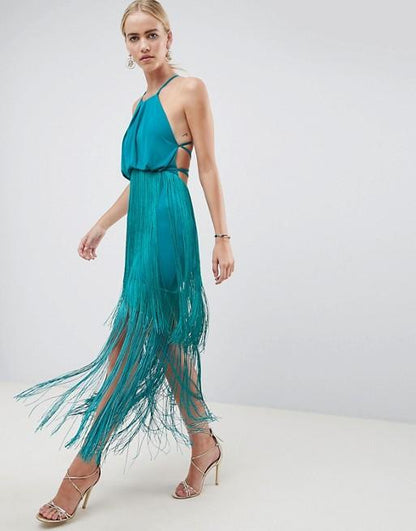 Zipper Backless Tassel Ethnic Style Clothing Dress