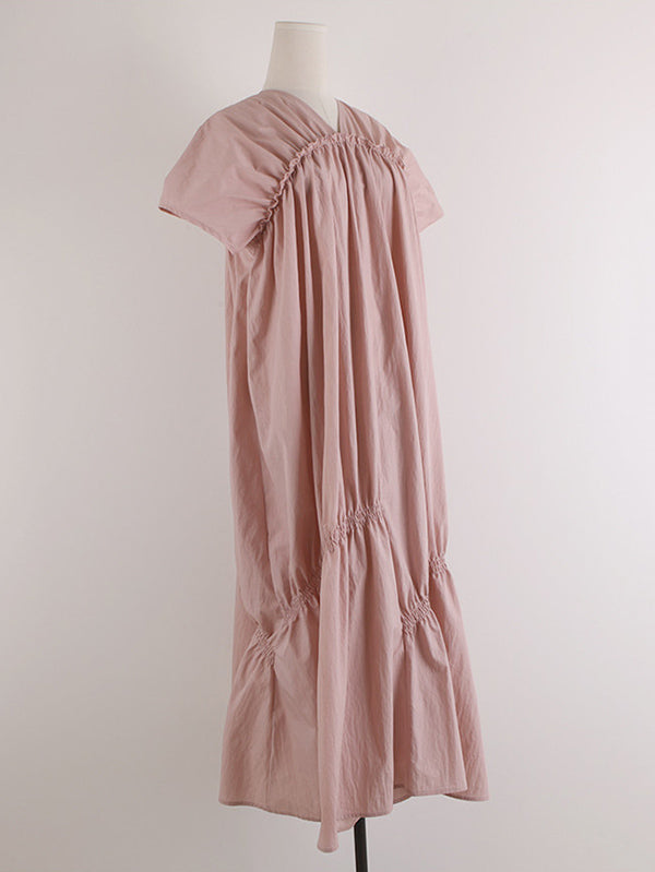 Casual Solid Color Falbala Pleated V-Neck Short Sleeves Maxi Dress