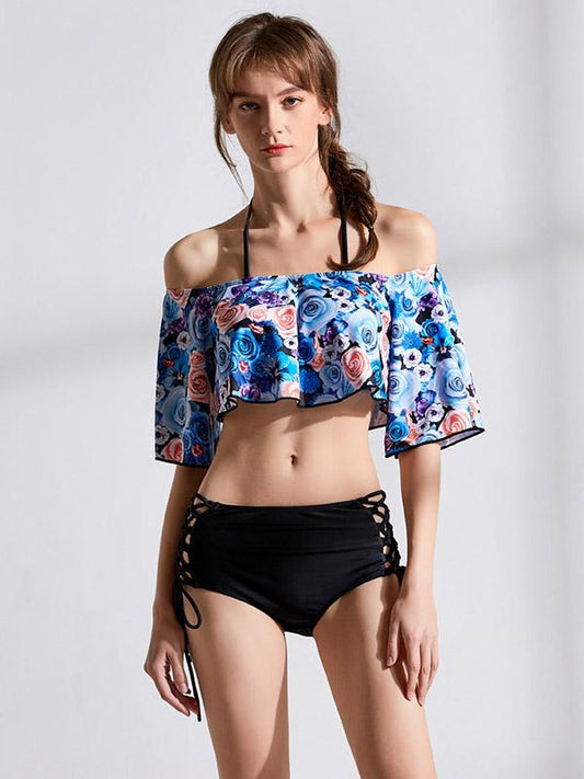 Off-the-shoulder Short Sleeves Printed Bikinis Swimwear