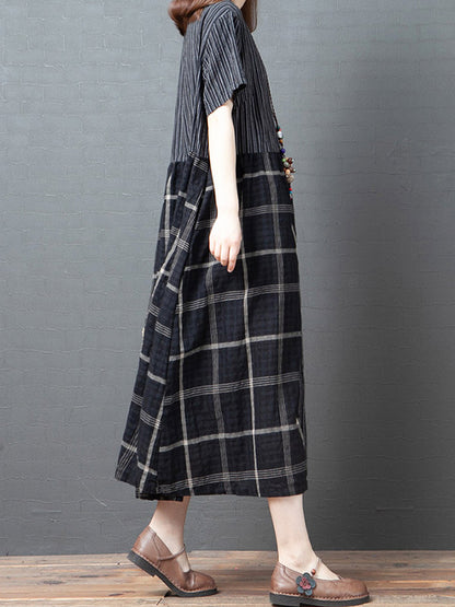 Artistic Retro Loose Split-Joint Striped Plaid V-Neck Short Sleeves Midi Dress