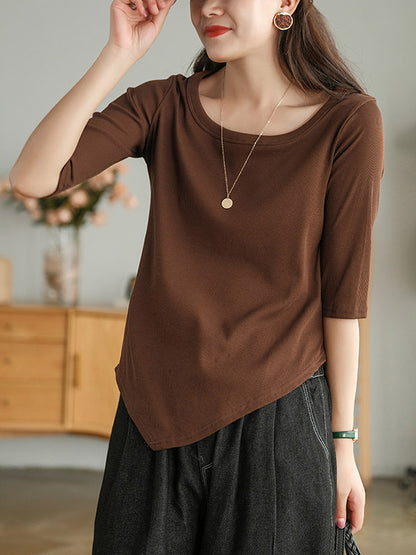Simple Asymmetric Irregular Clipping Round-Neck Short Sleeves T-Shirt