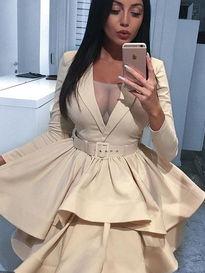 Deep V-neck Long Sleeve Tight with Belt Mini Dress