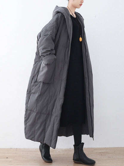 Simple White Duck Down Over Knee Solid Color Zipper Hooded Down Wear Coat
