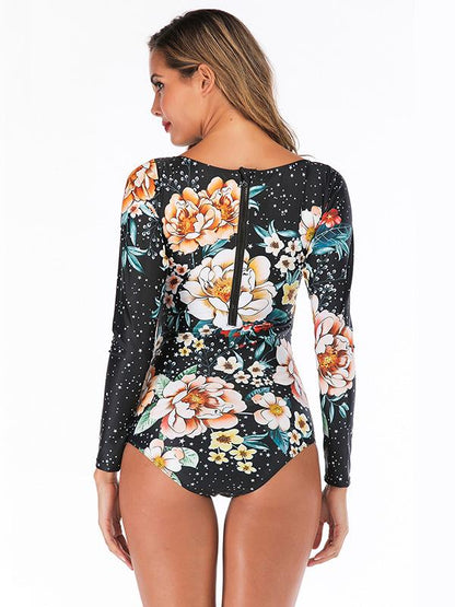 Floral Printed Zipper One Piece Wetsuit