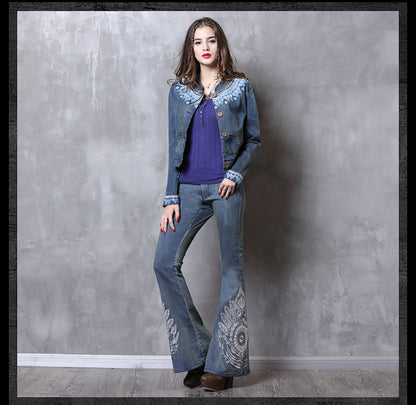 Vintage Fashion Denim Trousers Flare Pants Boho Floral Embroidery Denning Jeans