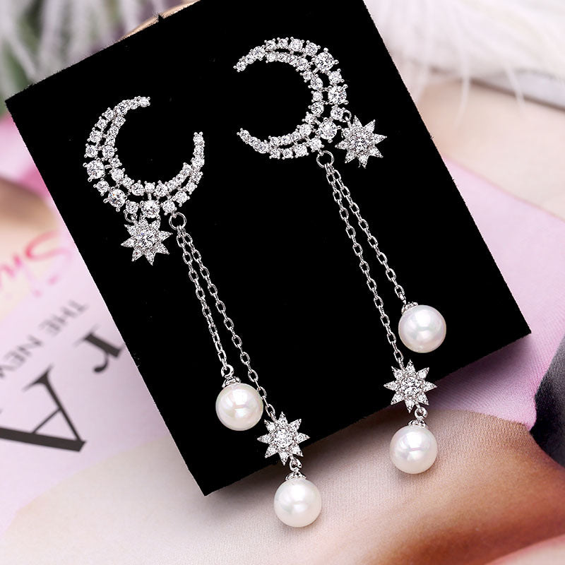 Zircon eight-star earrings Pearl tassels