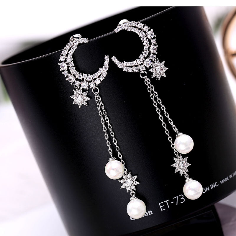 Zircon eight-star earrings Pearl tassels